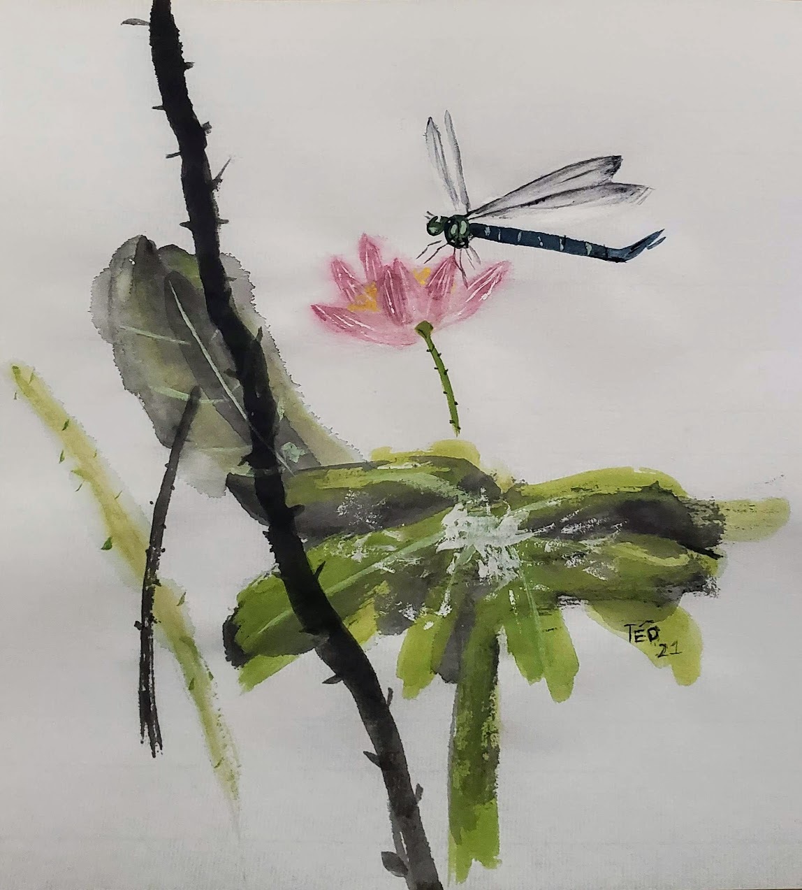 Watercolour painting of a dragonfly