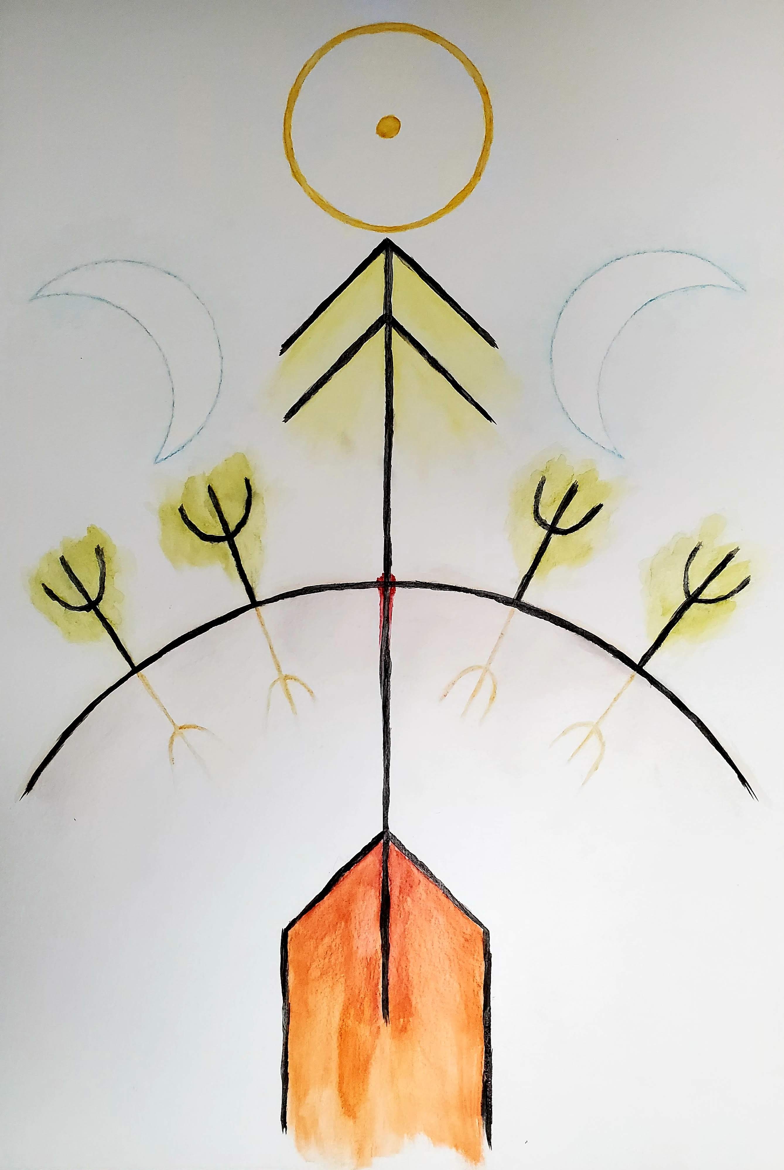 A rune inspired painting of an arrow rising from beneath the ground to the sun