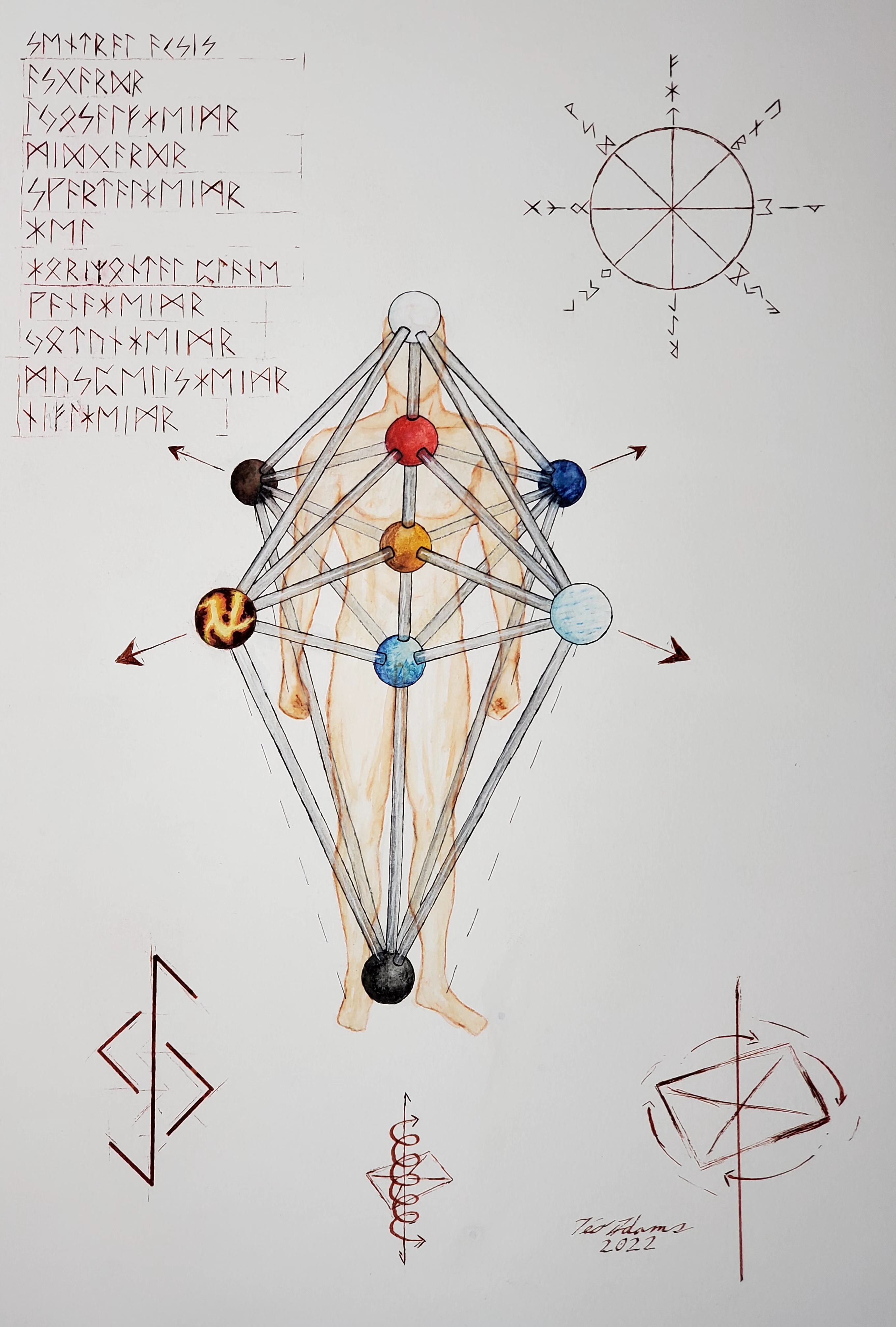 A painting of man standing amdist nine connected spheres